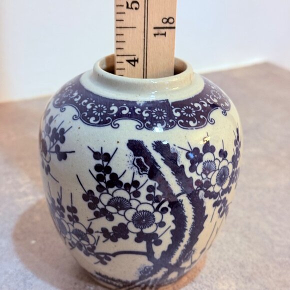 Japanese Ceramic Ginger Jar Pottery Lid VTG Blue Floral Cherry Blossom Storage - Picture 11 of 14